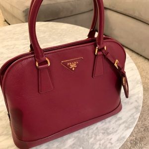 Authentic Prada Promenade Burgundy Saffiano Leather Satchel with Gold Hardware